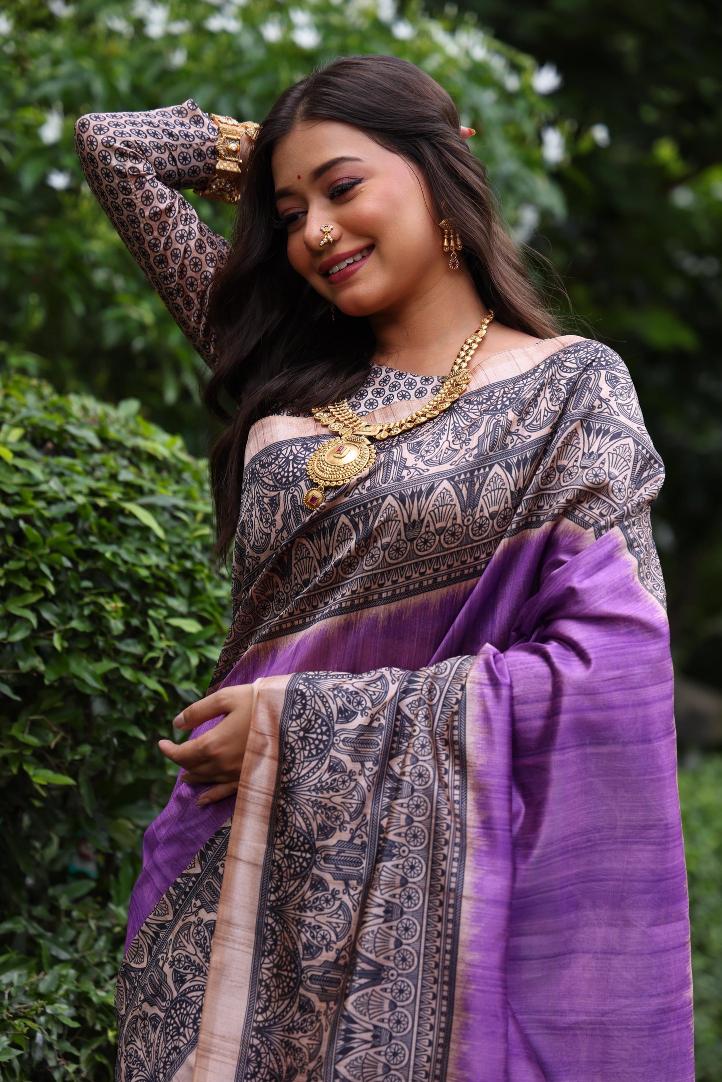 Purple Tussar Silk Madhubani Printed Saree