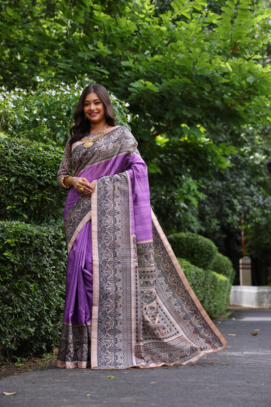 Purple Tussar Silk Madhubani Printed Saree