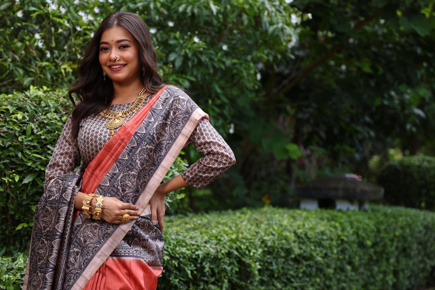 Rust Tussar Silk Madhubani Printed Saree