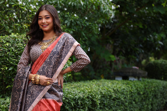 Rust Tussar Silk Madhubani Printed Saree