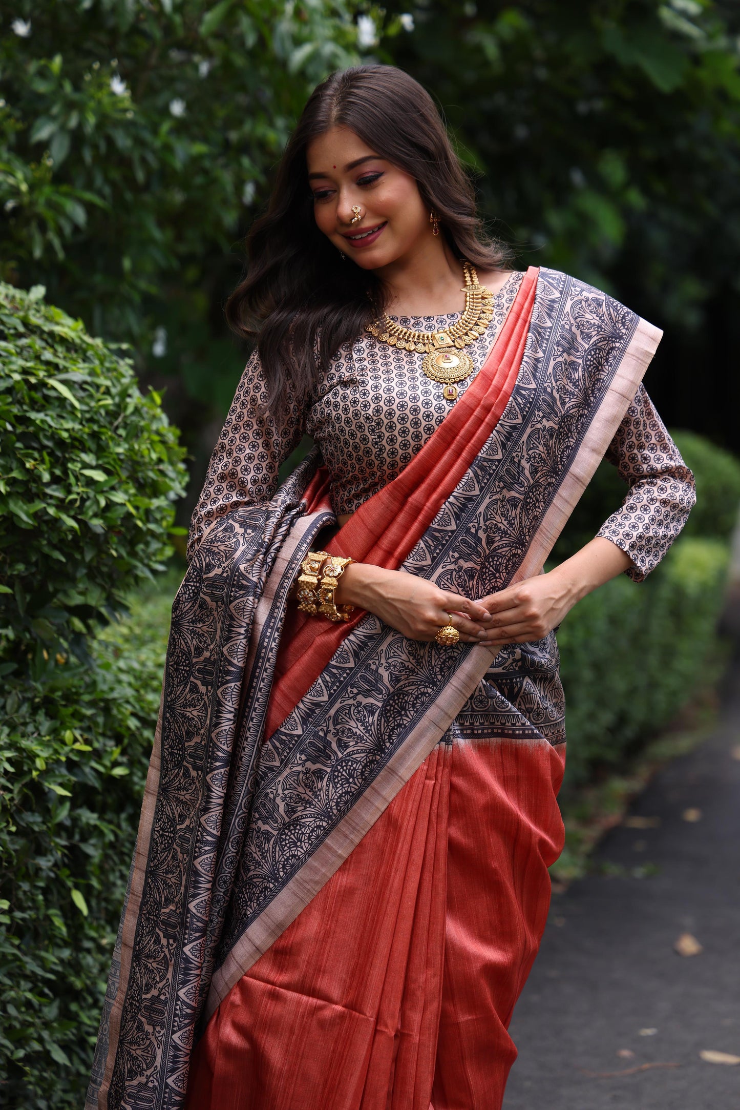 Rust Tussar Silk Madhubani Printed Saree