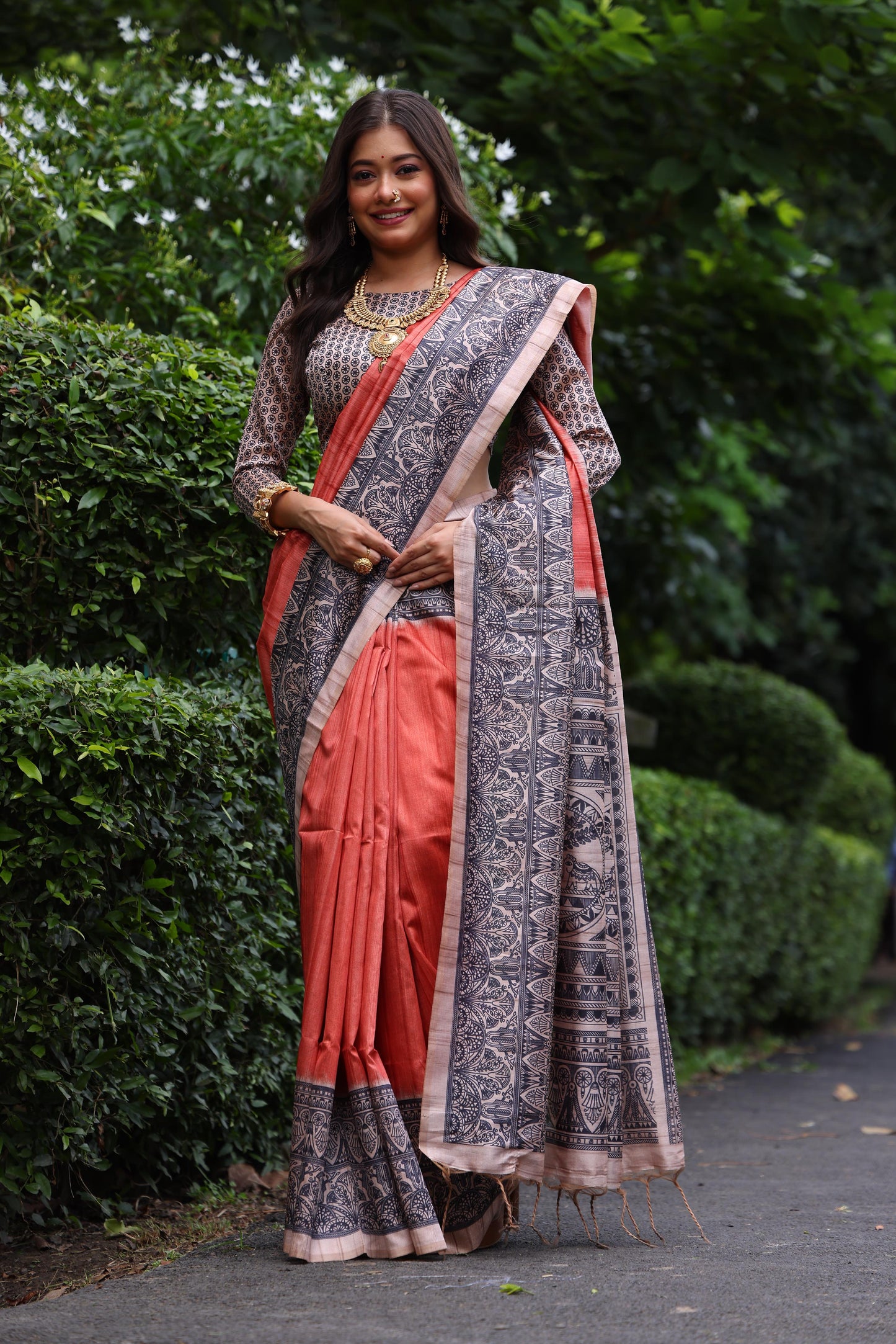 Rust Tussar Silk Madhubani Printed Saree