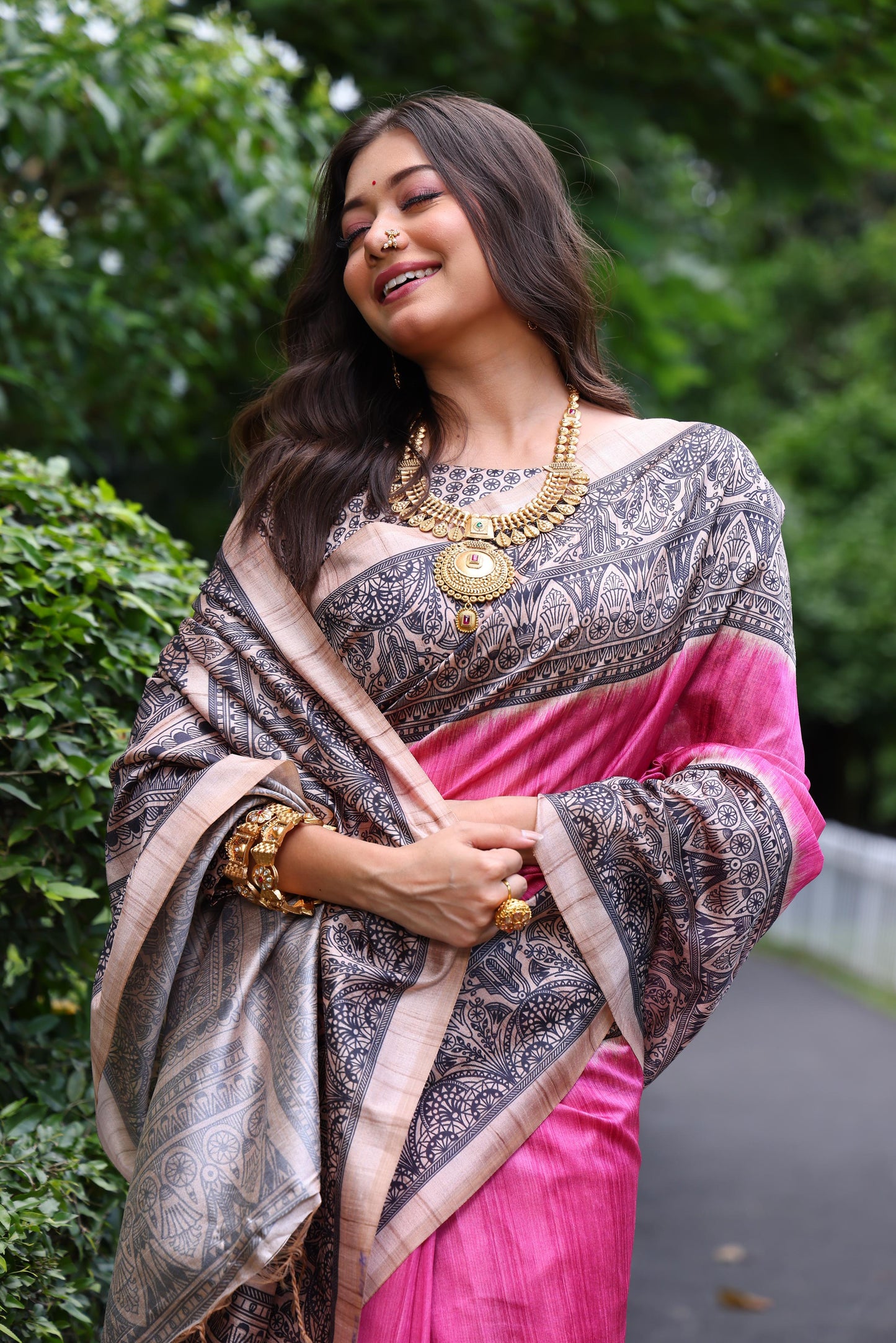 Pink Tussar Silk Madhubani Printed Saree