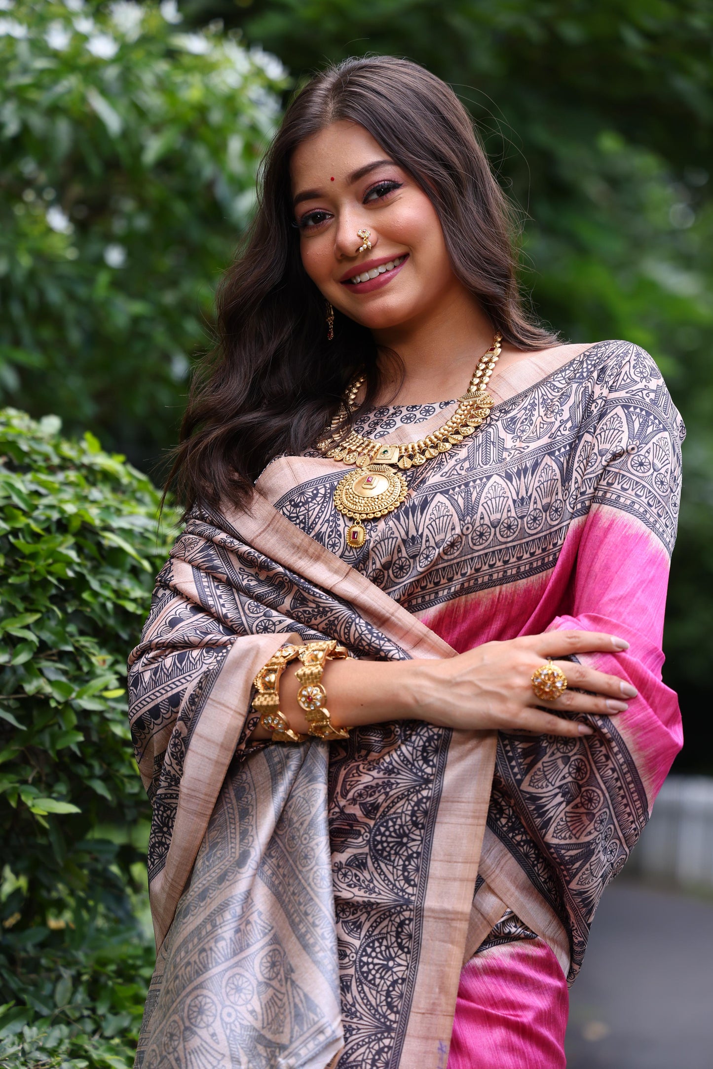 Pink Tussar Silk Madhubani Printed Saree