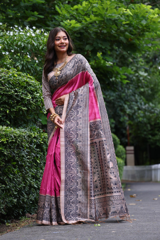 Pink Tussar Silk Madhubani Printed Saree