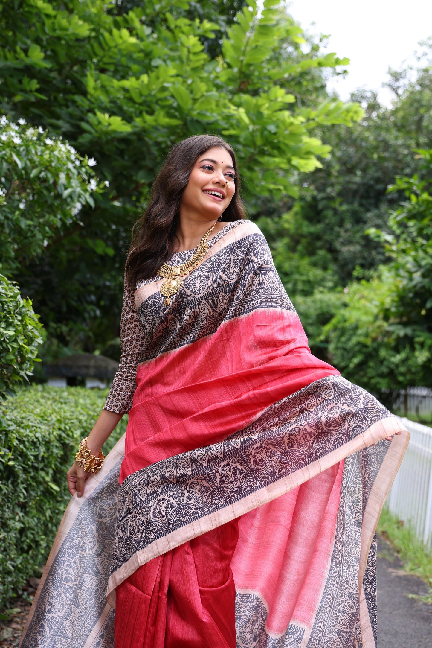 Red Tussar Silk Madhubani Printed Saree