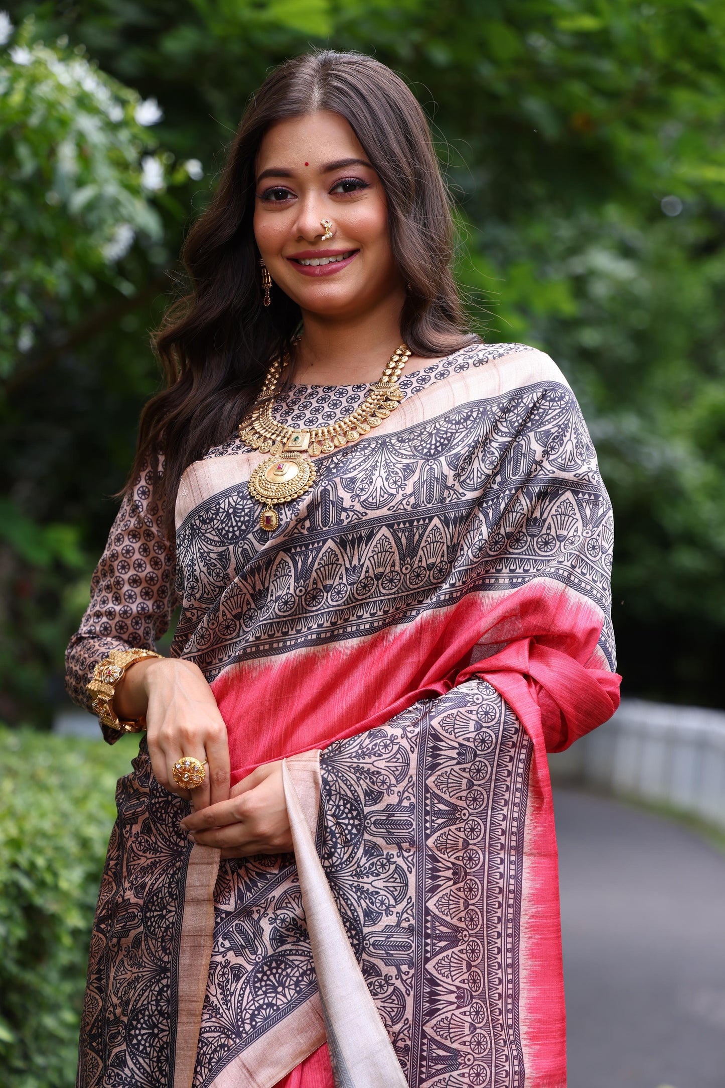 Red Tussar Silk Madhubani Printed Saree