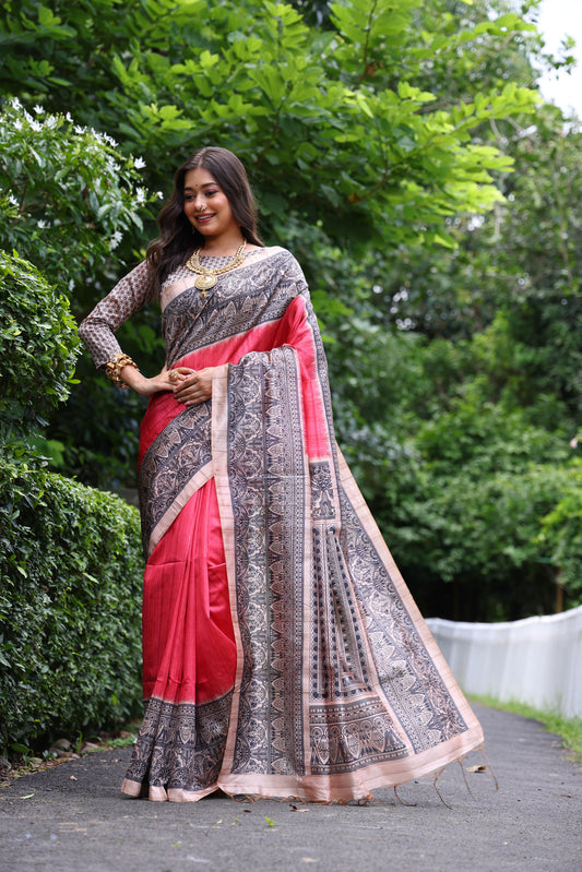 Red Tussar Silk Madhubani Printed Saree