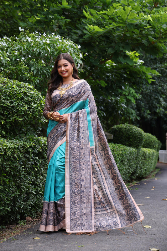 Sea Green Tussar Silk Madhubani Printed Saree