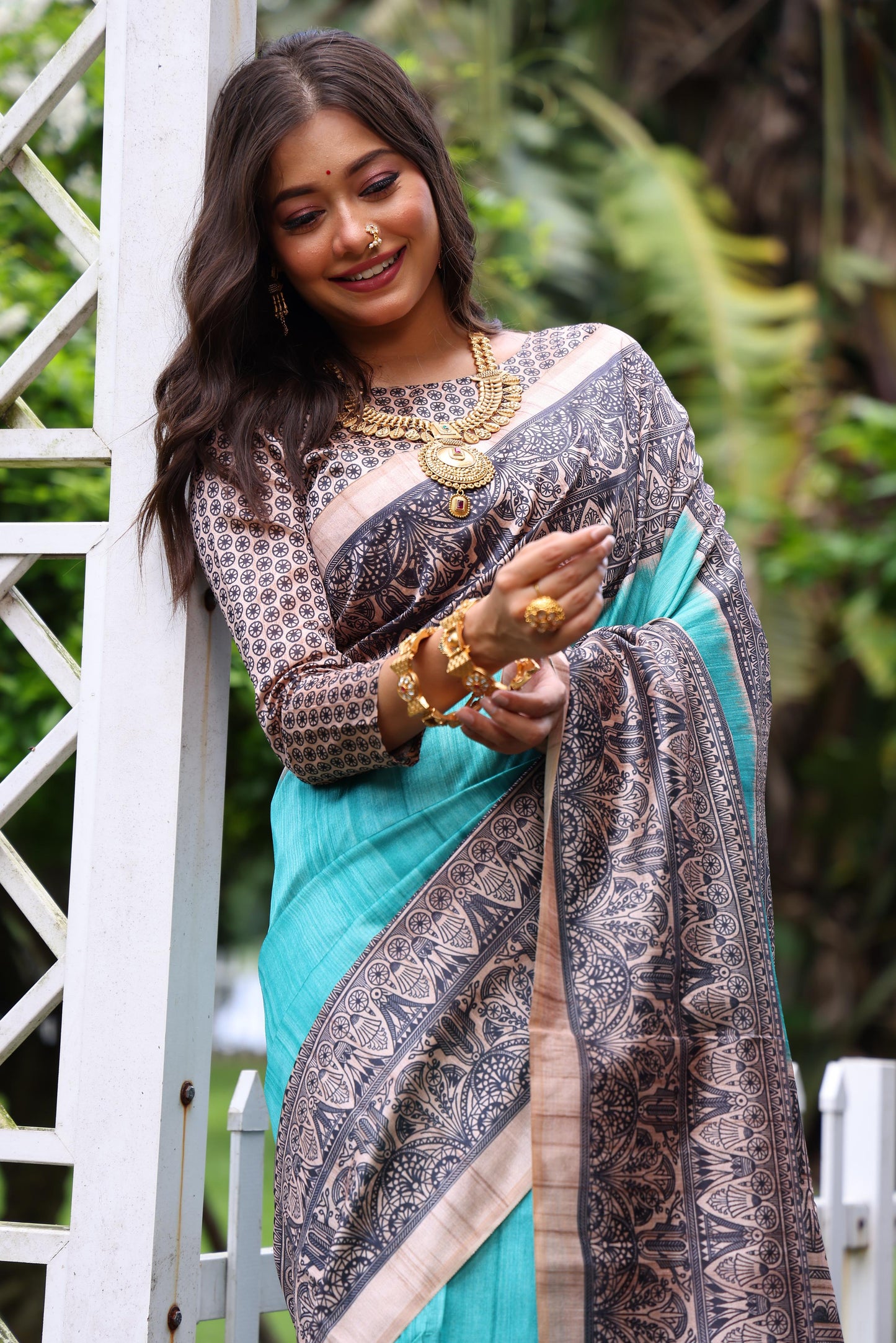 Sea Green Tussar Silk Madhubani Printed Saree
