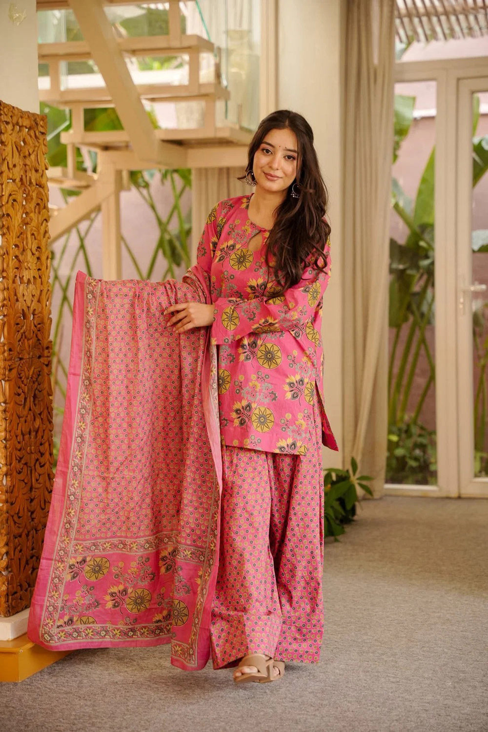 Pink Cotton Silk Suit Set with Dupatta
