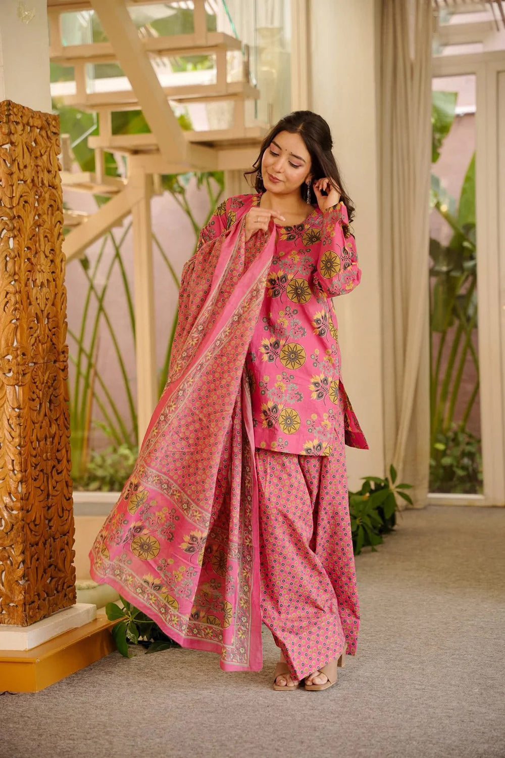 Pink Cotton Silk Suit Set with Dupatta