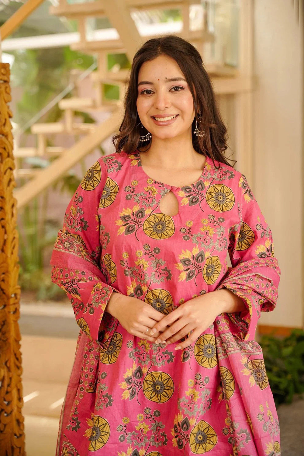 Pink Cotton Silk Suit Set with Dupatta