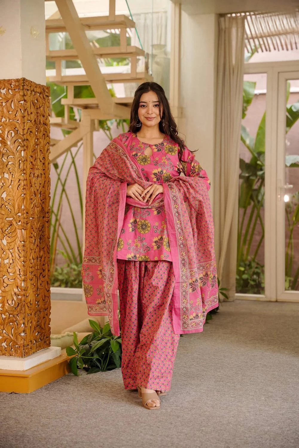 Pink Cotton Silk Suit Set with Dupatta