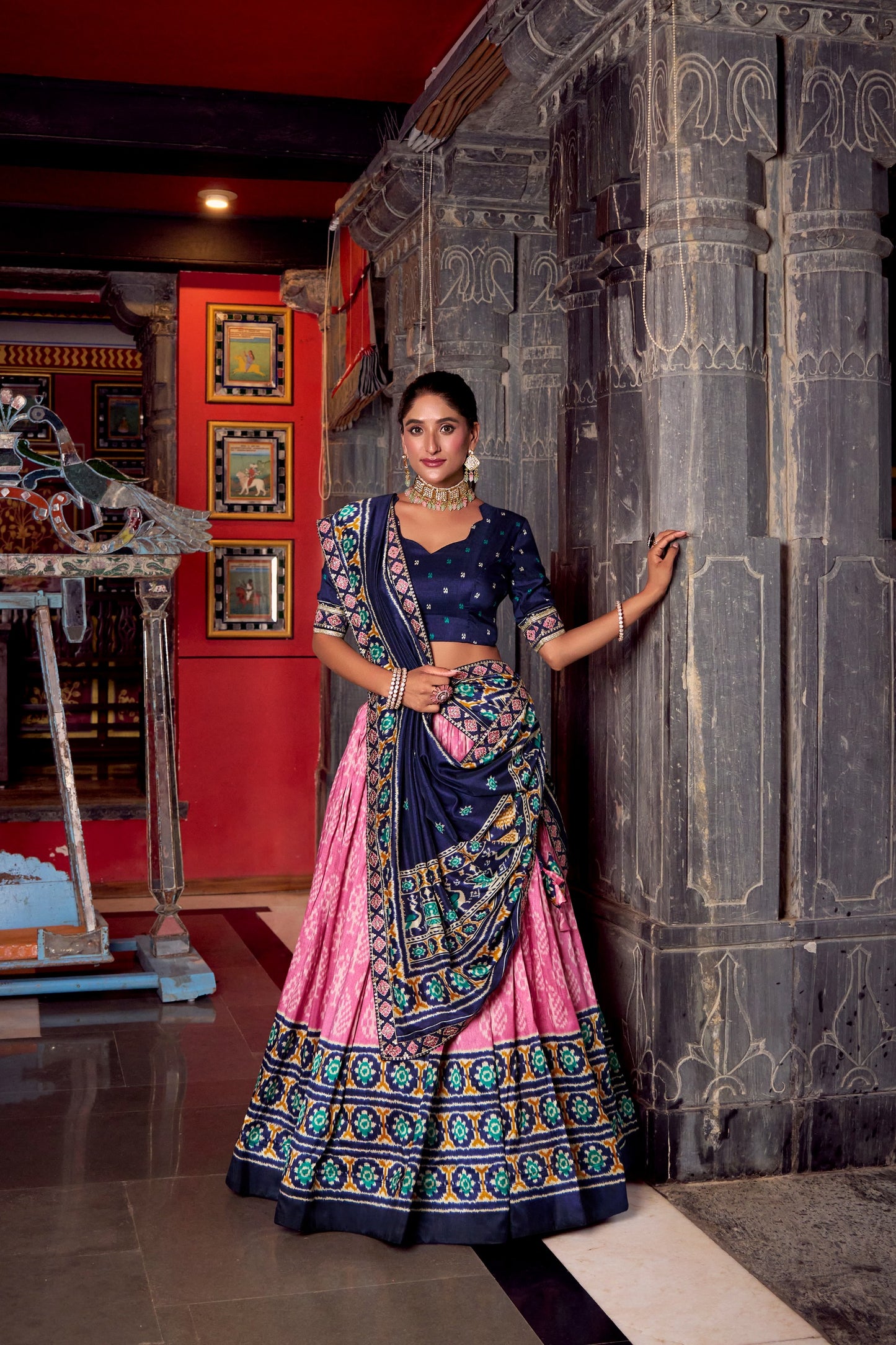 Blue Tussar Silk Ikkat Printed Semi Stitched Lehenga Set