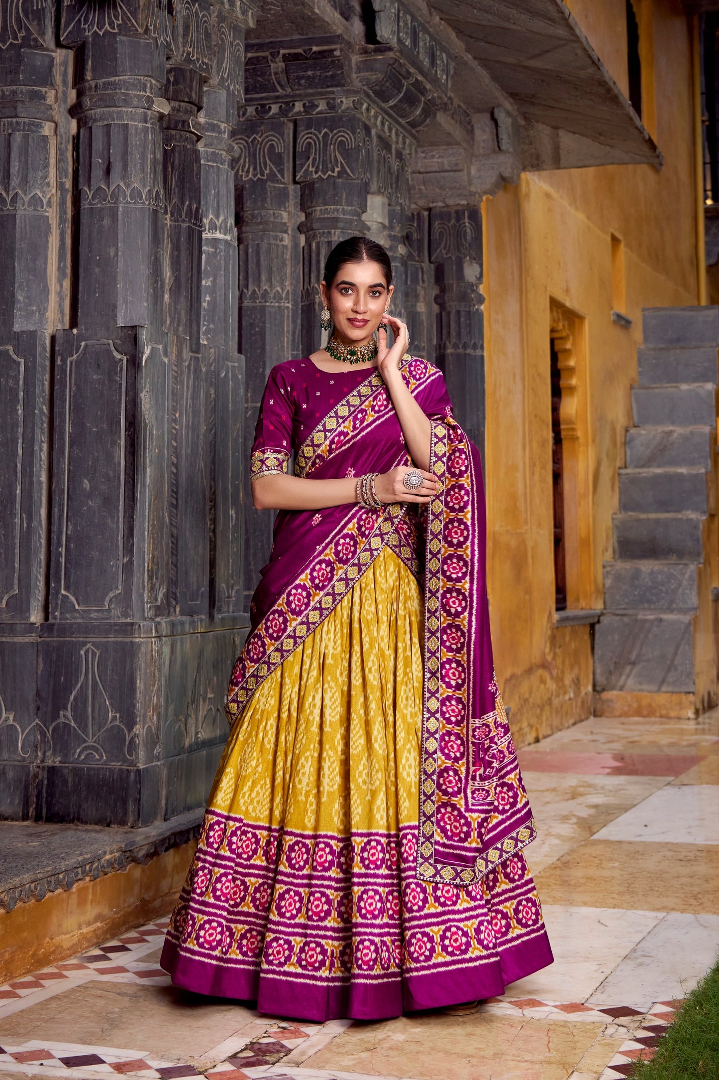 Burgundy Tussar Silk Ikkat Printed Semi Stitched Lehenga Set