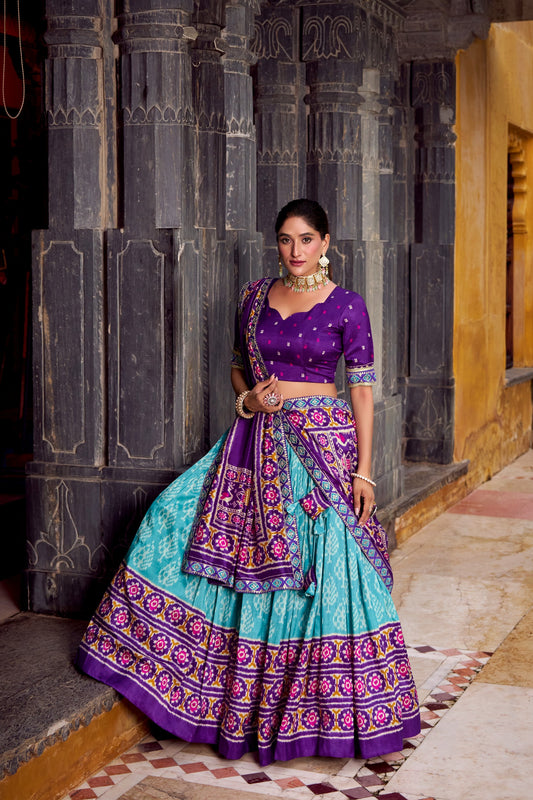 Purple Tussar Silk Ikkat Printed Semi Stitched Lehenga Set