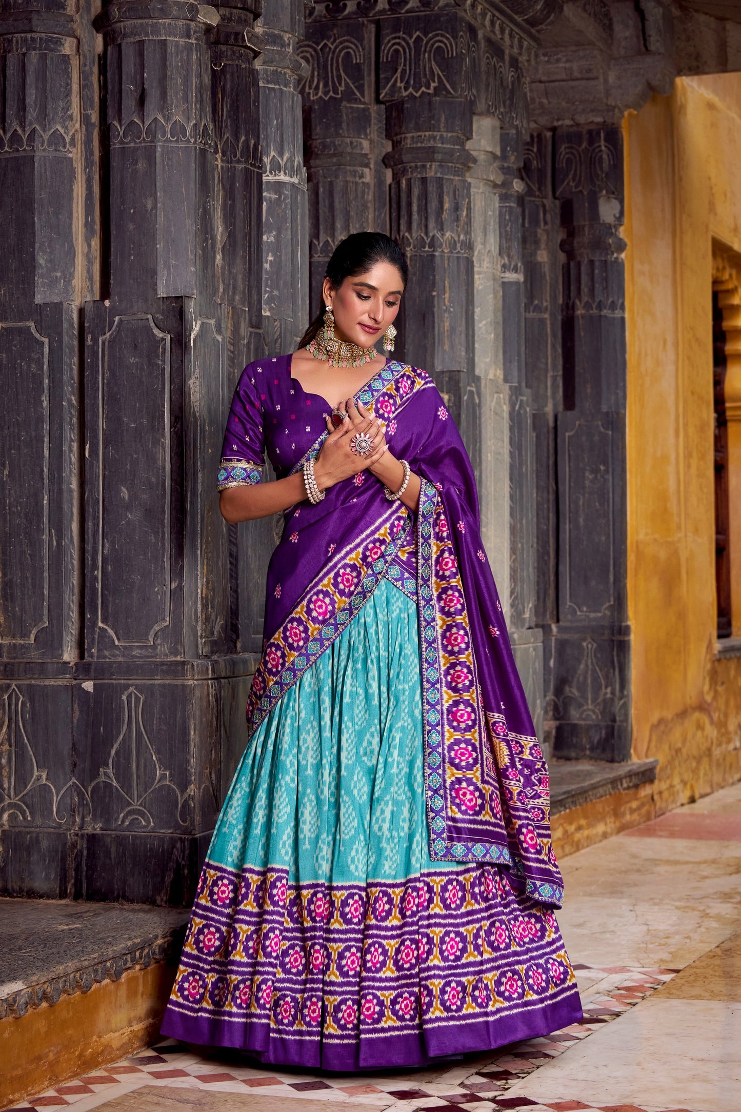 Purple Tussar Silk Ikkat Printed Semi Stitched Lehenga Set