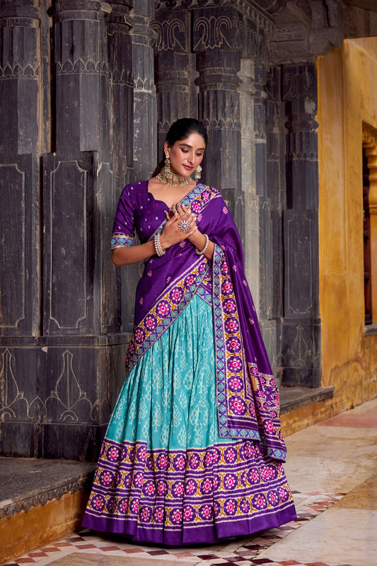 Purple Tussar Silk Ikkat Printed Semi Stitched Lehenga Set
