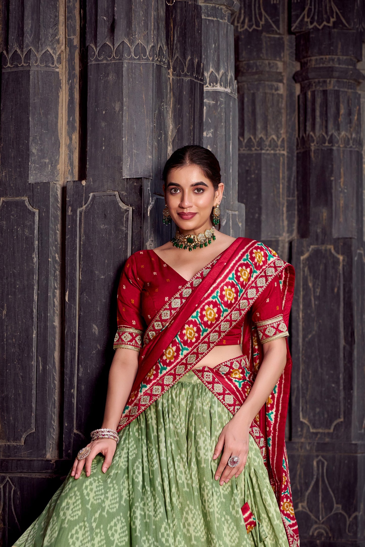 Red Tussar Silk Ikkat Printed Semi Stitched Lehenga Set