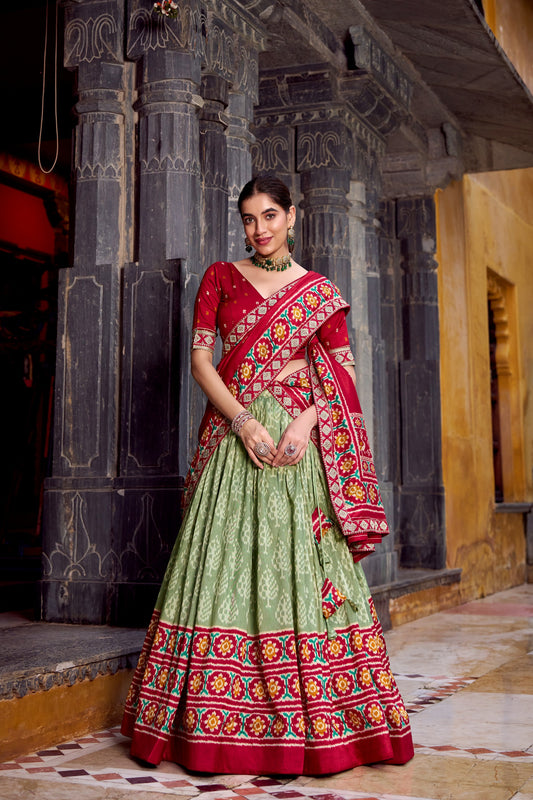 Red Tussar Silk Ikkat Printed Semi Stitched Lehenga Set