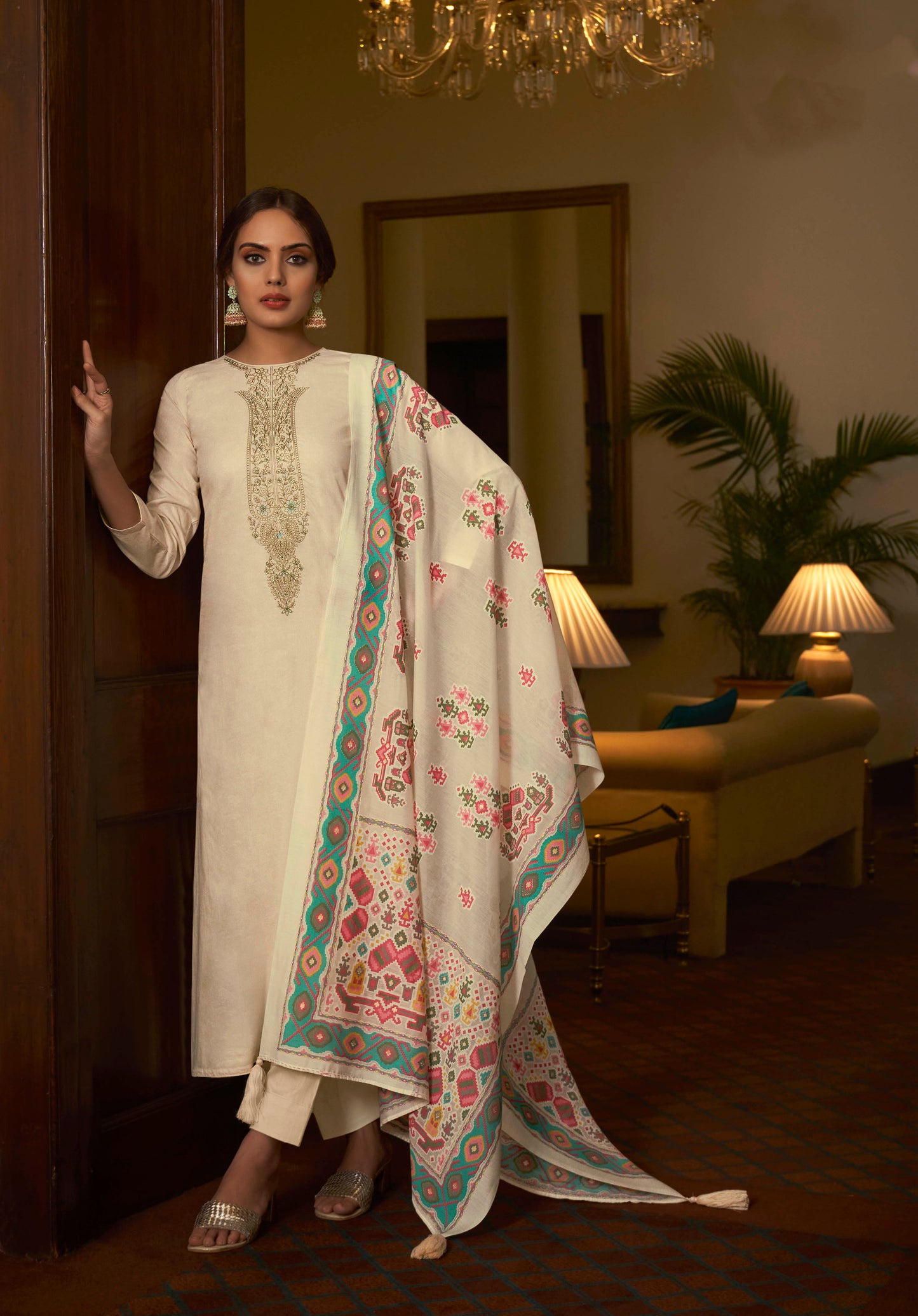 Cream Cambric Cotton Kurta Set with Dupatta