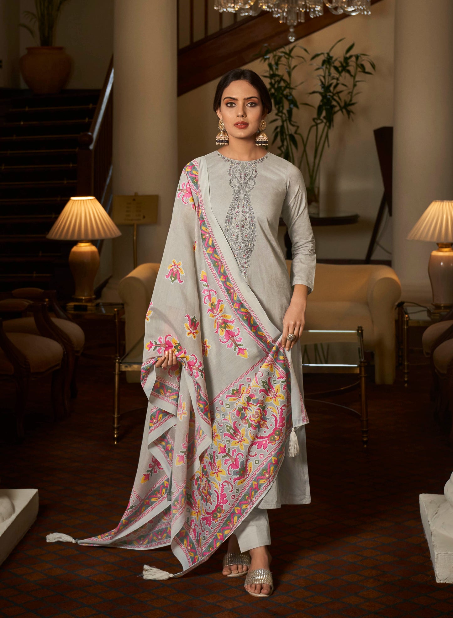 Grey Cambric Cotton Kurta Set with Dupatta
