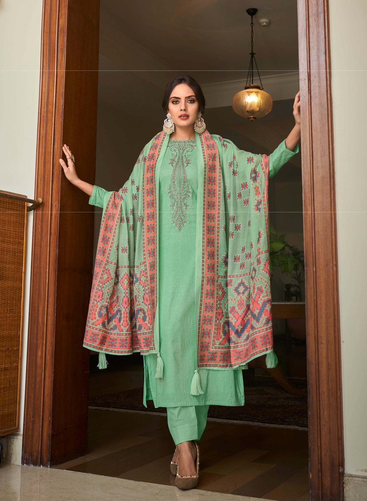 Sea Green Cambric Cotton Kurta Set with Dupatta