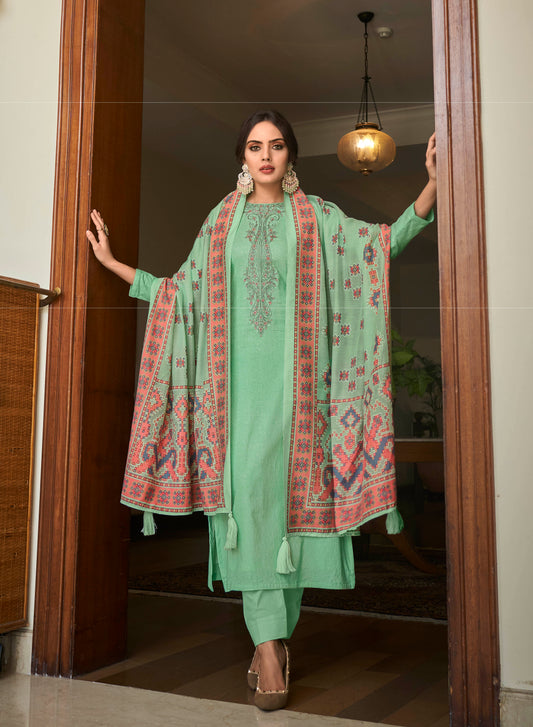 Sea Green Cambric Cotton Kurta Set with Dupatta
