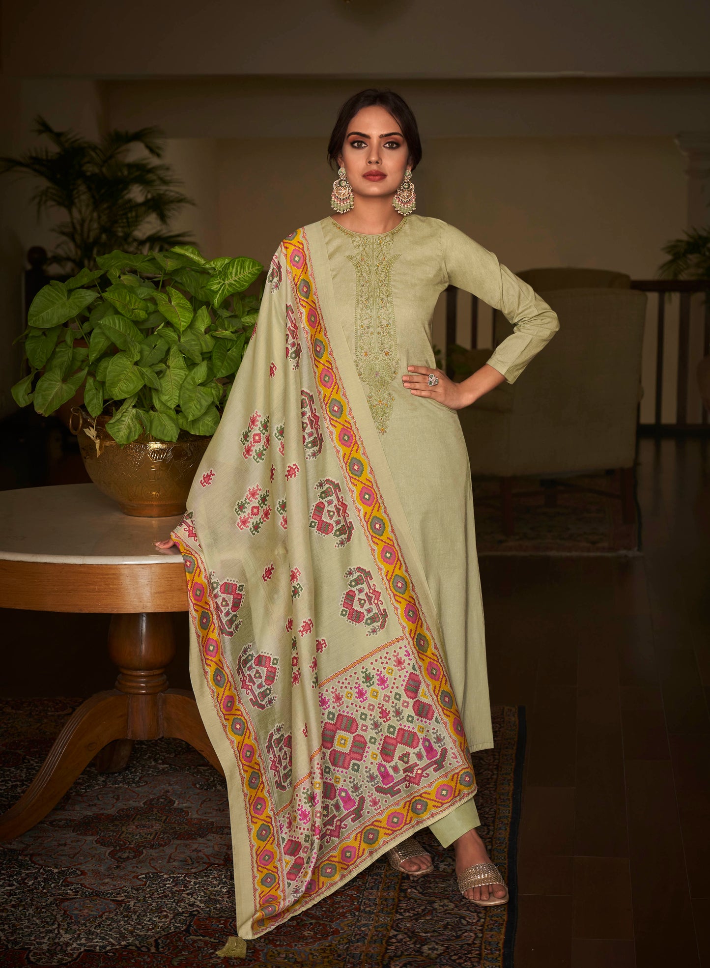 Beige Cambric Cotton Kurta Set with Dupatta