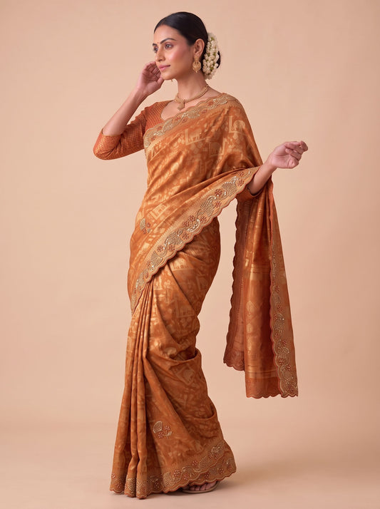 Rust Banarasi Silk Saree - Side View