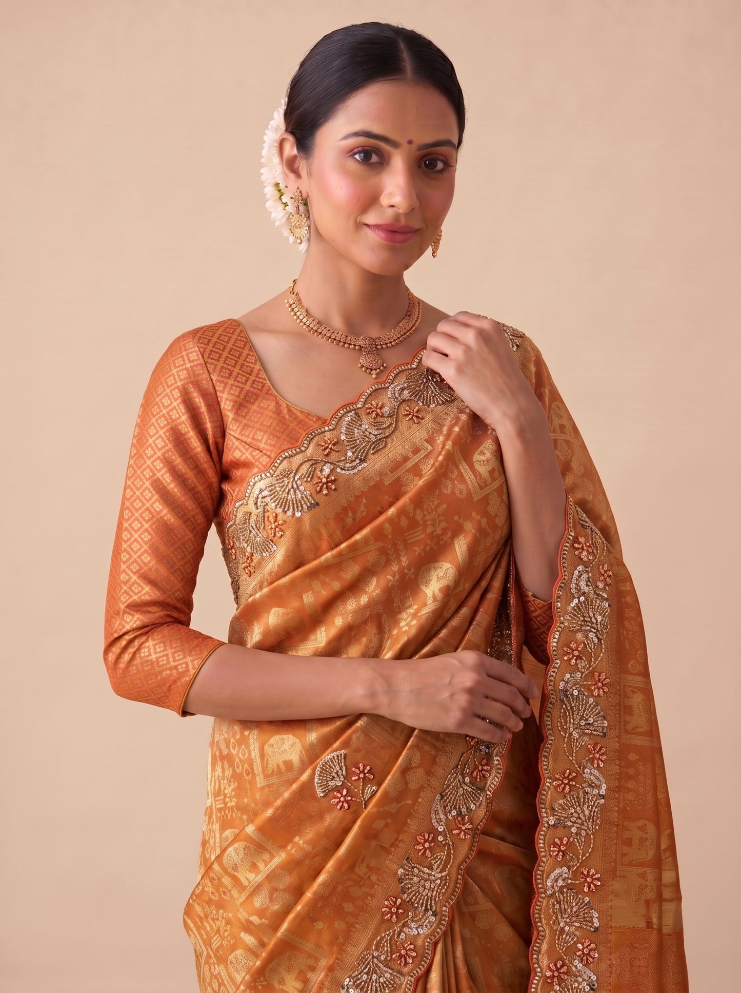 Rust Banarasi Silk Saree - Detail View