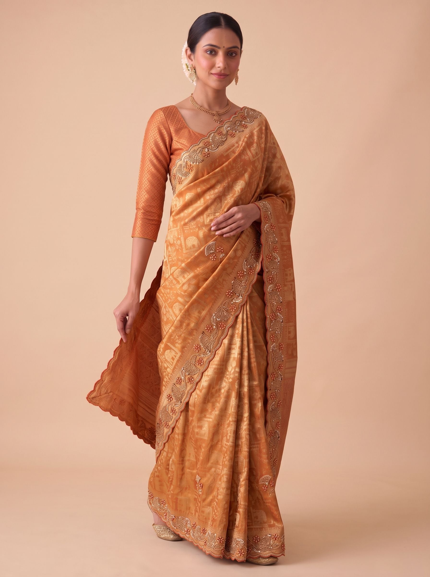 Rust Banarasi Silk Saree - Close-up Embroidery