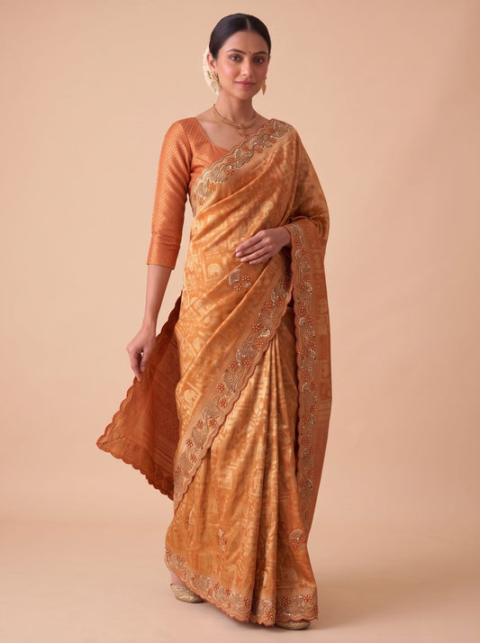 Rust Banarasi Silk Saree - Close-up Embroidery