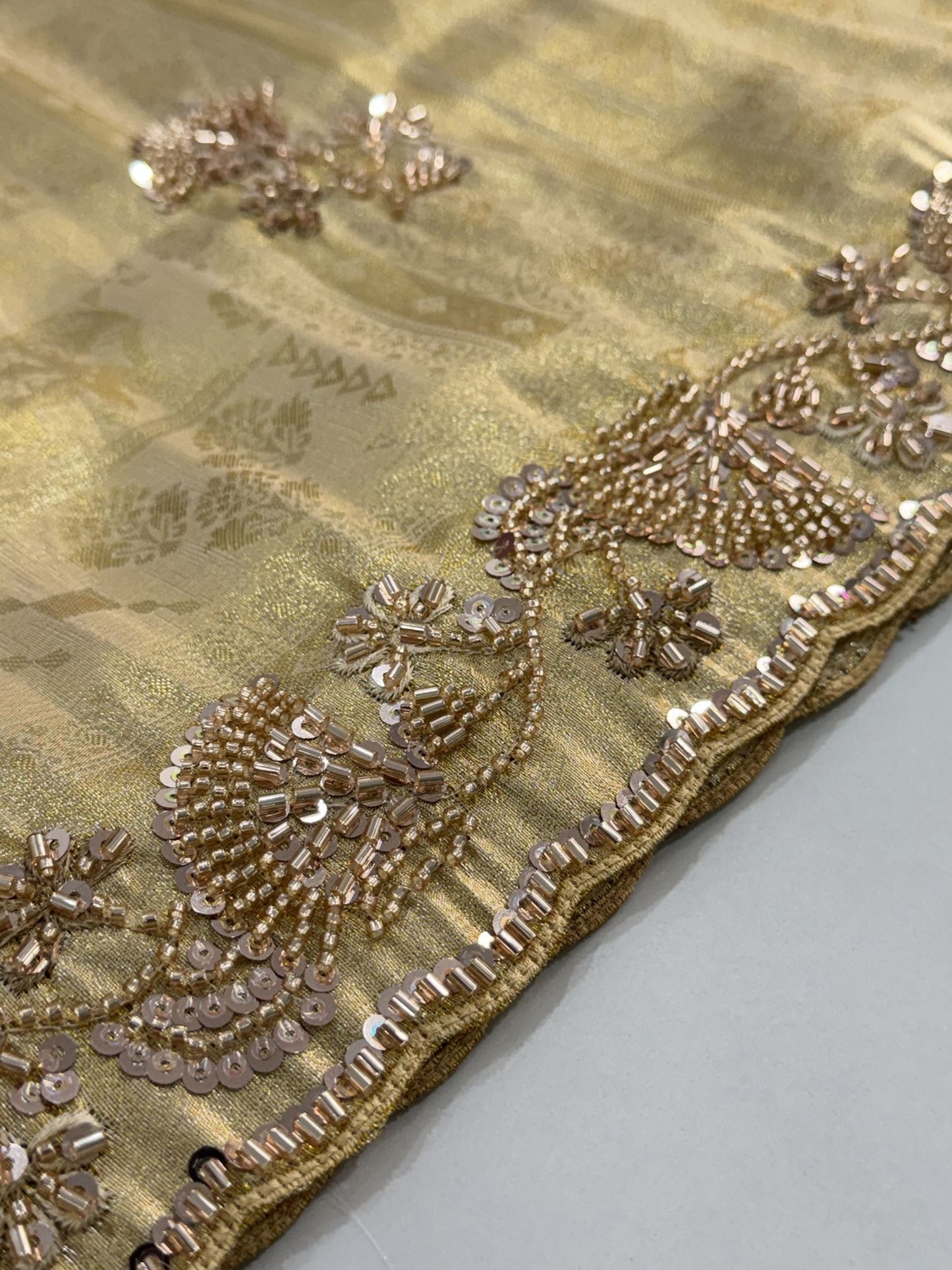 Beige Banarasi Silk Saree with Woven Hand Work - Side View