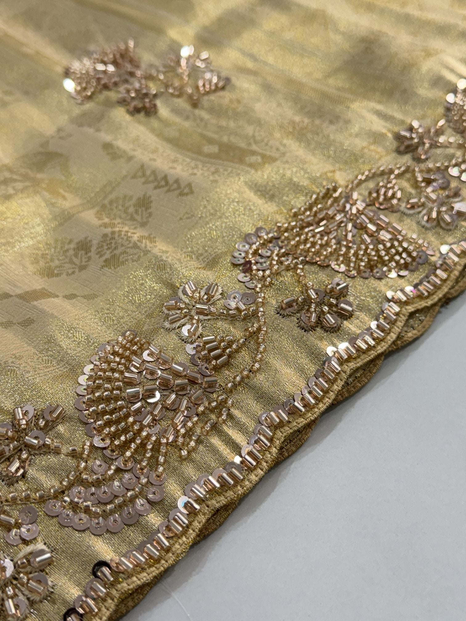 Beige Banarasi Silk Saree with Woven Hand Work - Side View