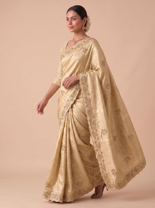 Beige Banarasi Silk Saree with Woven Hand Work - Close-up Embroidery