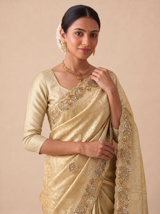 Beige Banarasi Silk Saree with Woven Hand Work - Back View