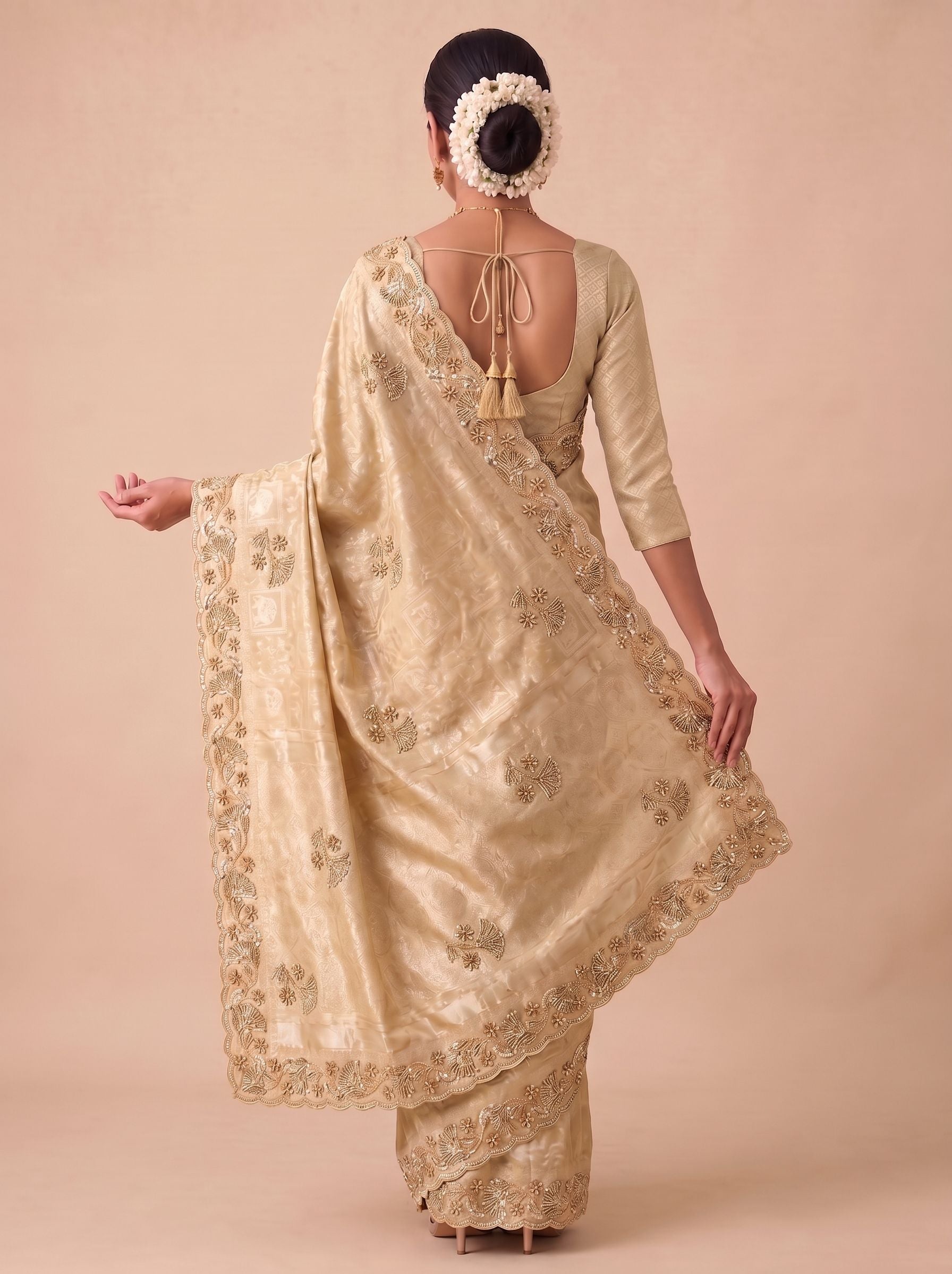 Beige Banarasi Silk Saree with Woven Hand Work - Front View