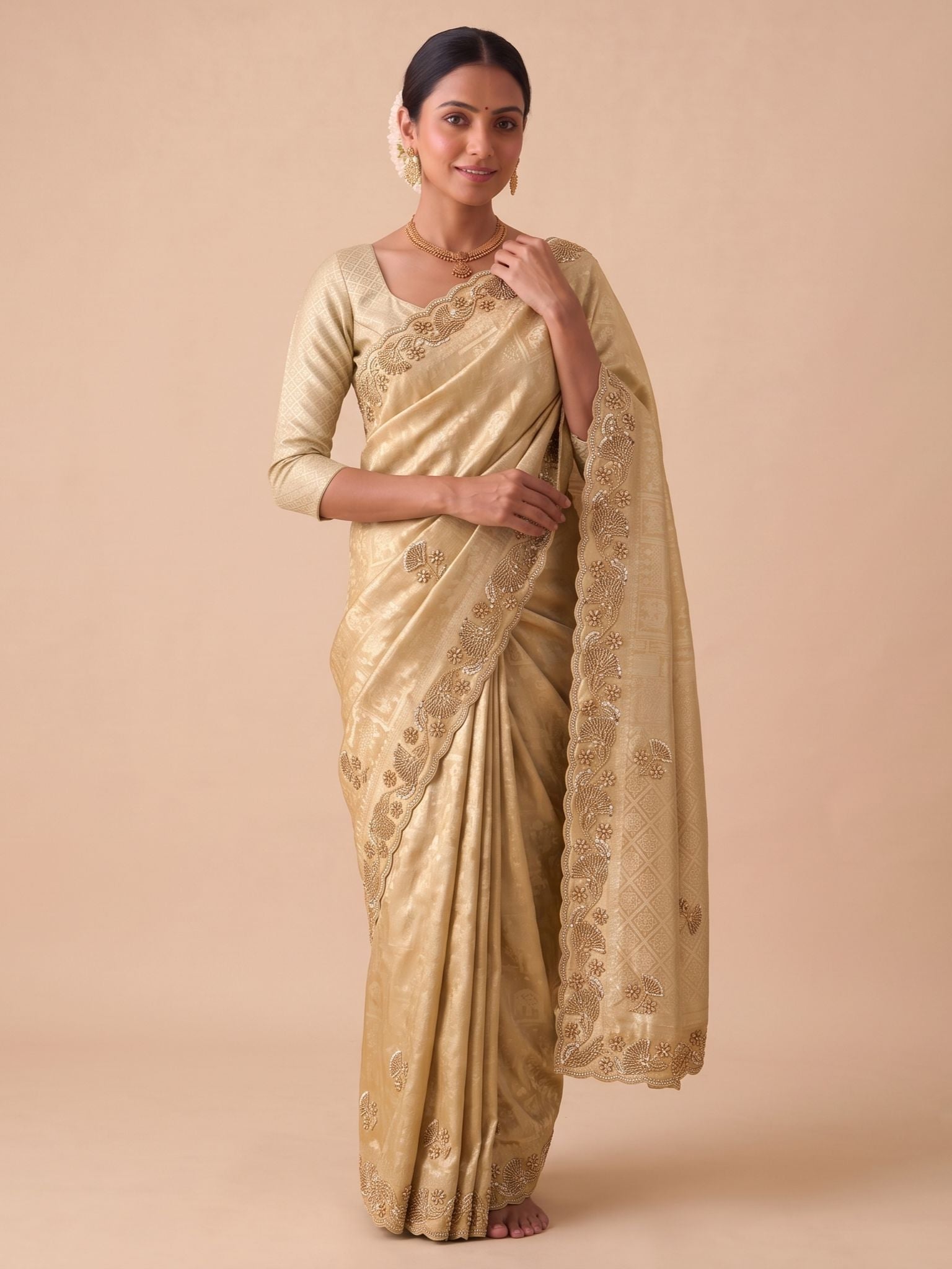Beige Banarasi Silk Saree with Woven Hand Work - Detail View
