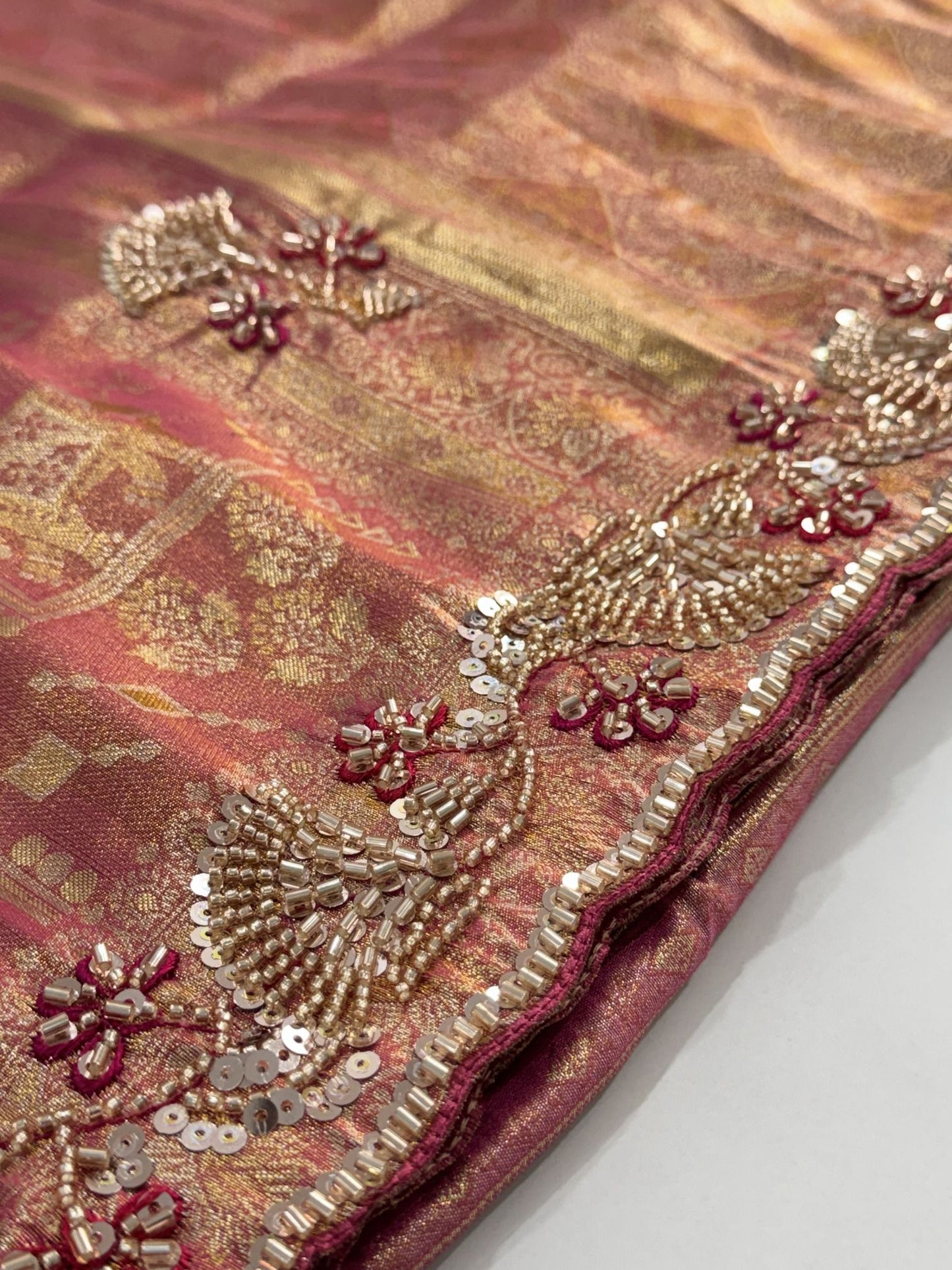 Pink Banarasi Silk Saree with Woven Hand Work - Side View