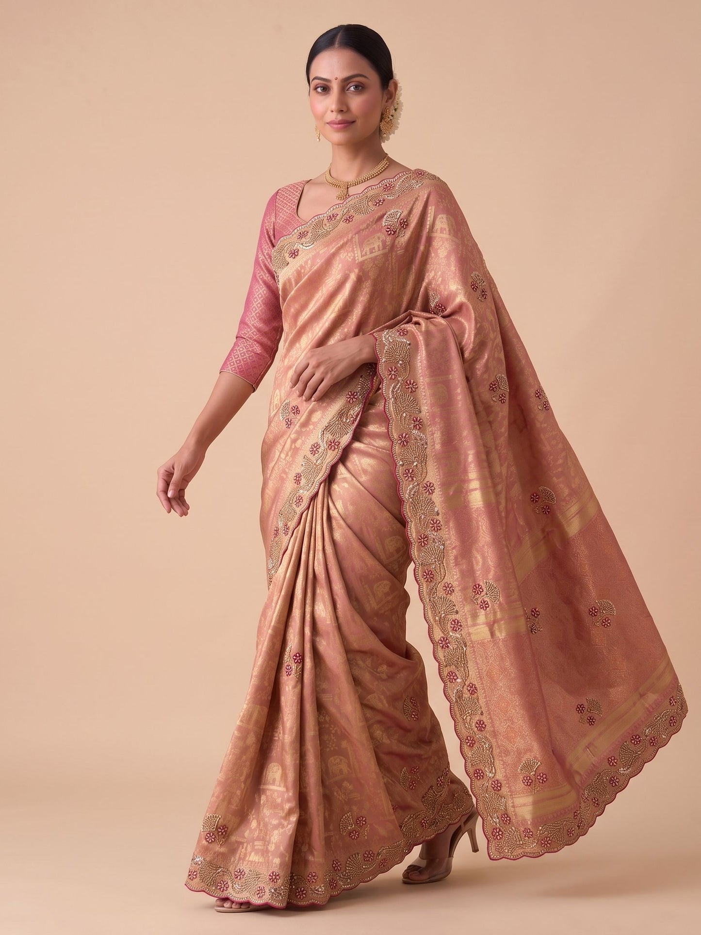 Pink Banarasi Silk Saree with Woven Hand Work - Detail View