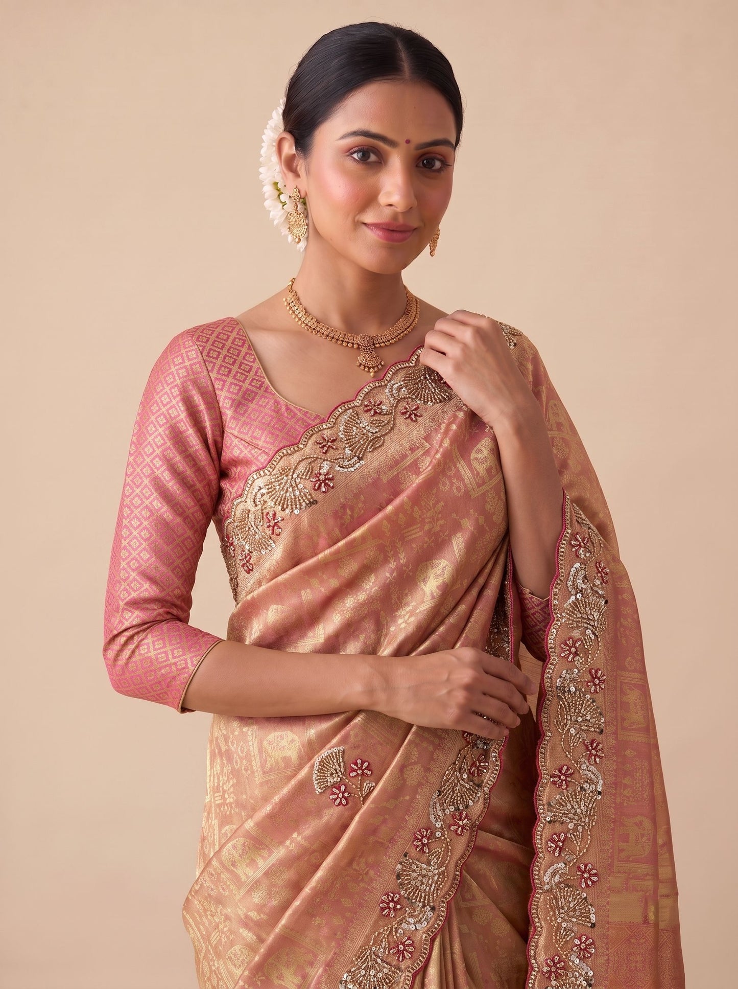 Pink Banarasi Silk Saree with Woven Hand Work - Close-up Embroidery