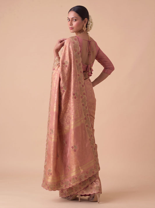 Pink Banarasi Silk Saree with Woven Hand Work - Front View