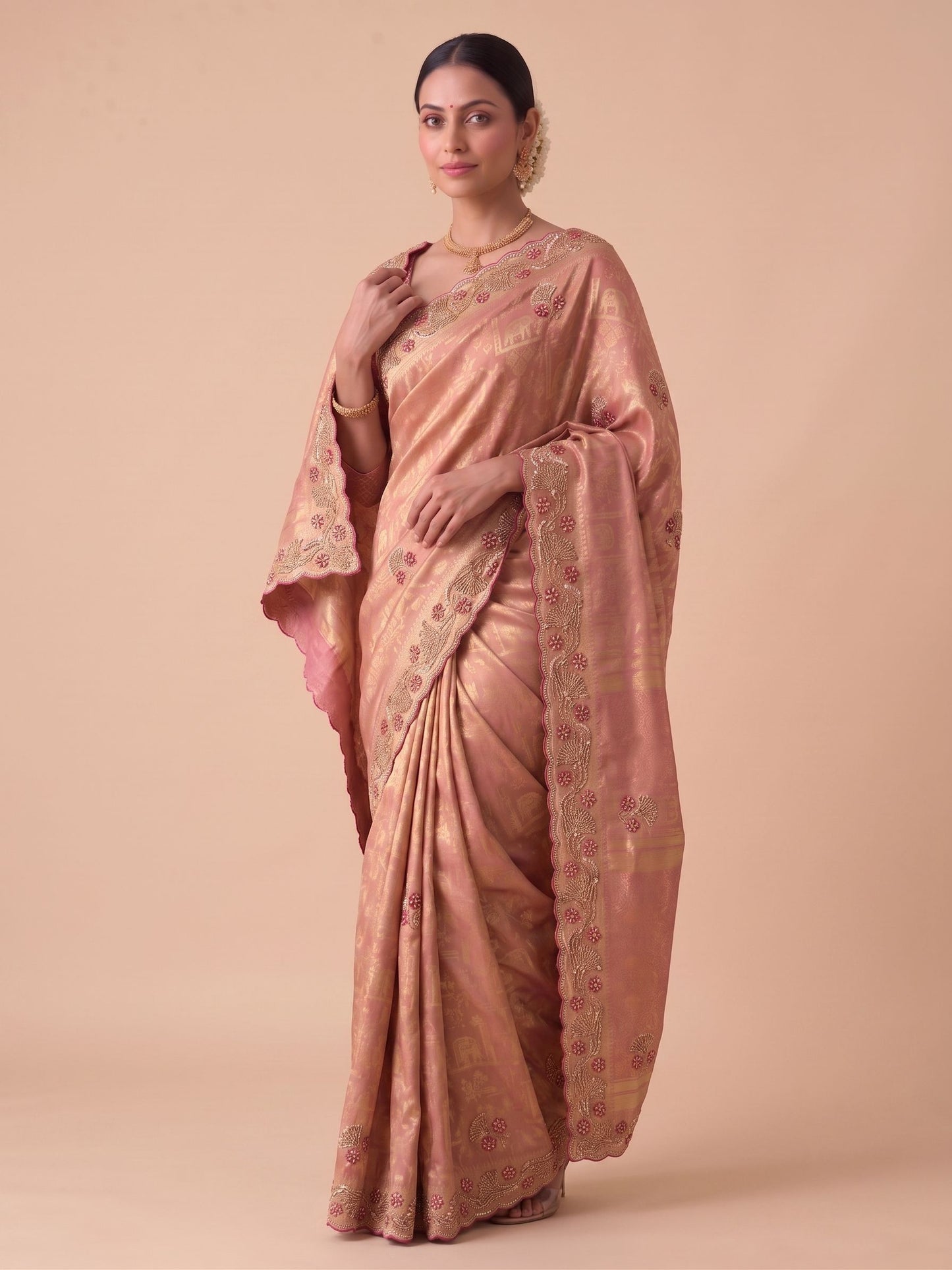 Pink Banarasi Silk Saree with Woven Hand Work - Back View