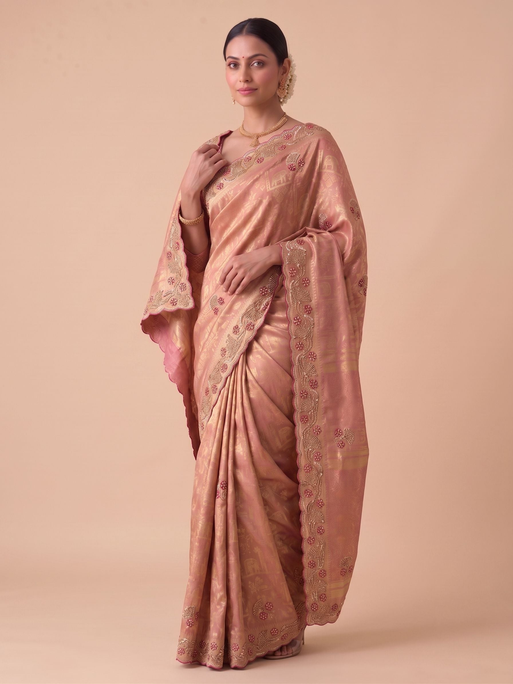 Pink Banarasi Silk Saree with Woven Hand Work - Back View