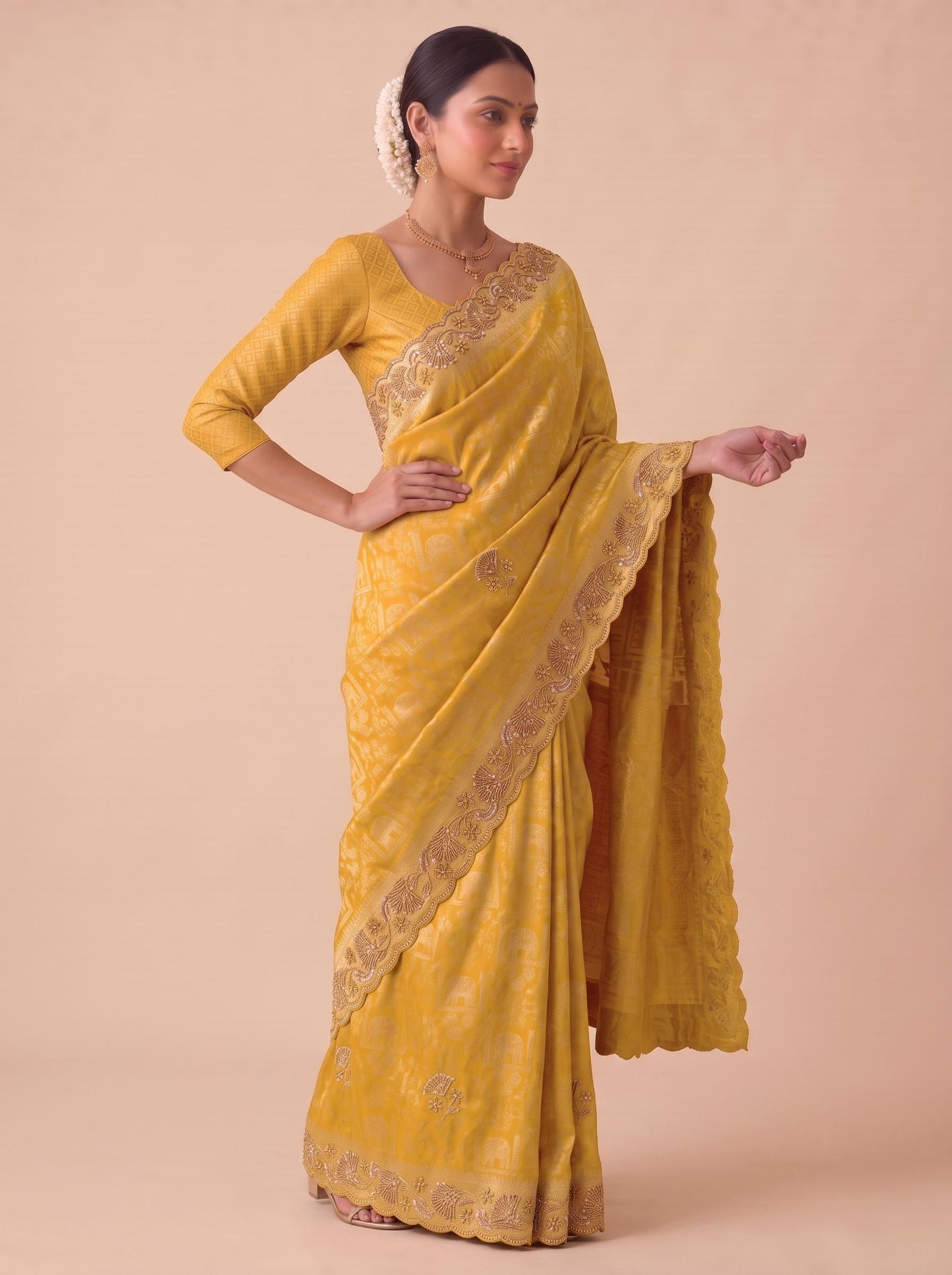 Yellow Banarasi Silk Saree with Woven Hand Work - Back View
