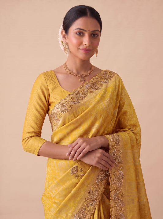 Yellow Banarasi Silk Saree with Woven Hand Work - Front View
