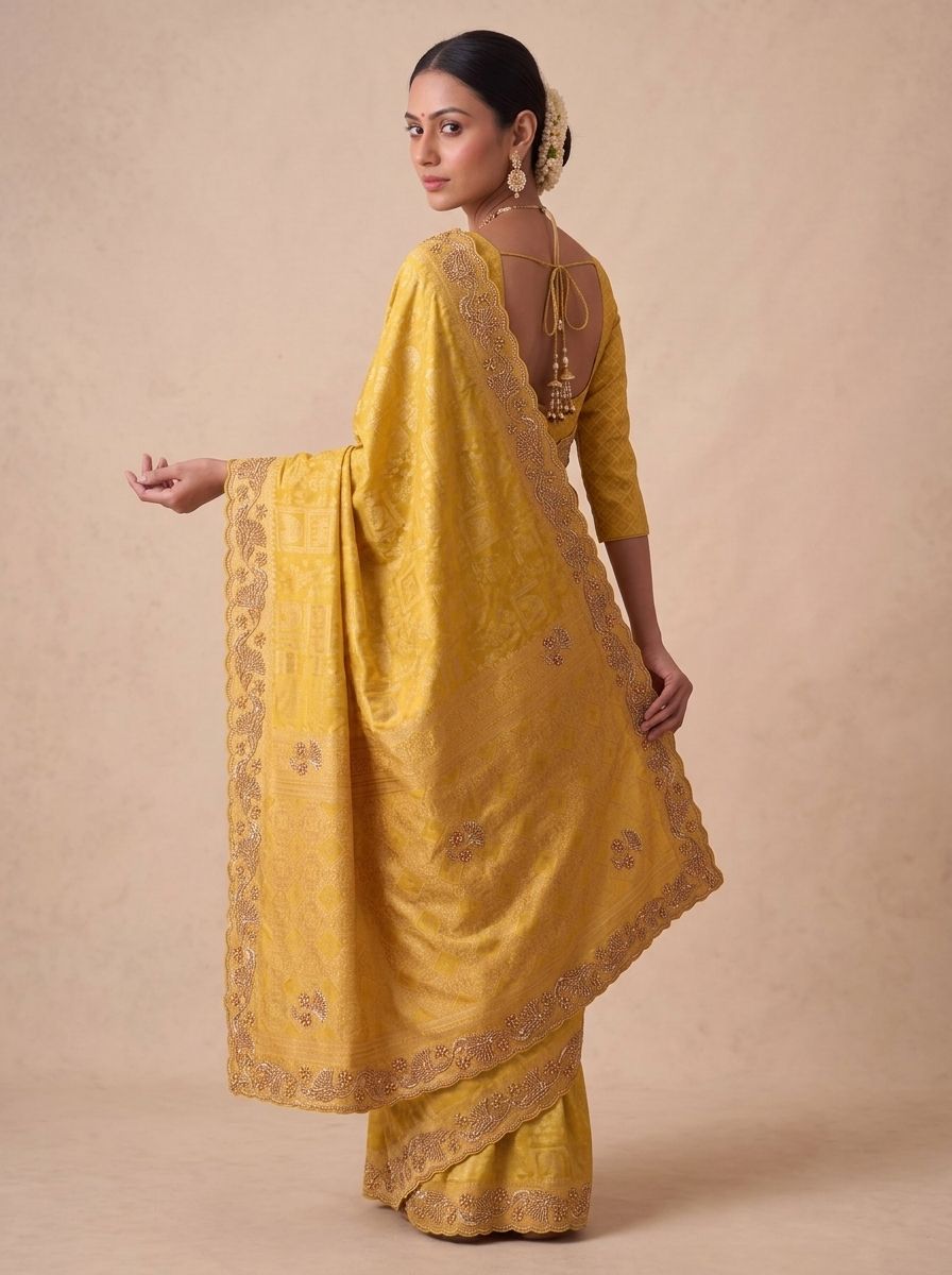 Yellow Banarasi Silk Saree with Woven Hand Work - Side View