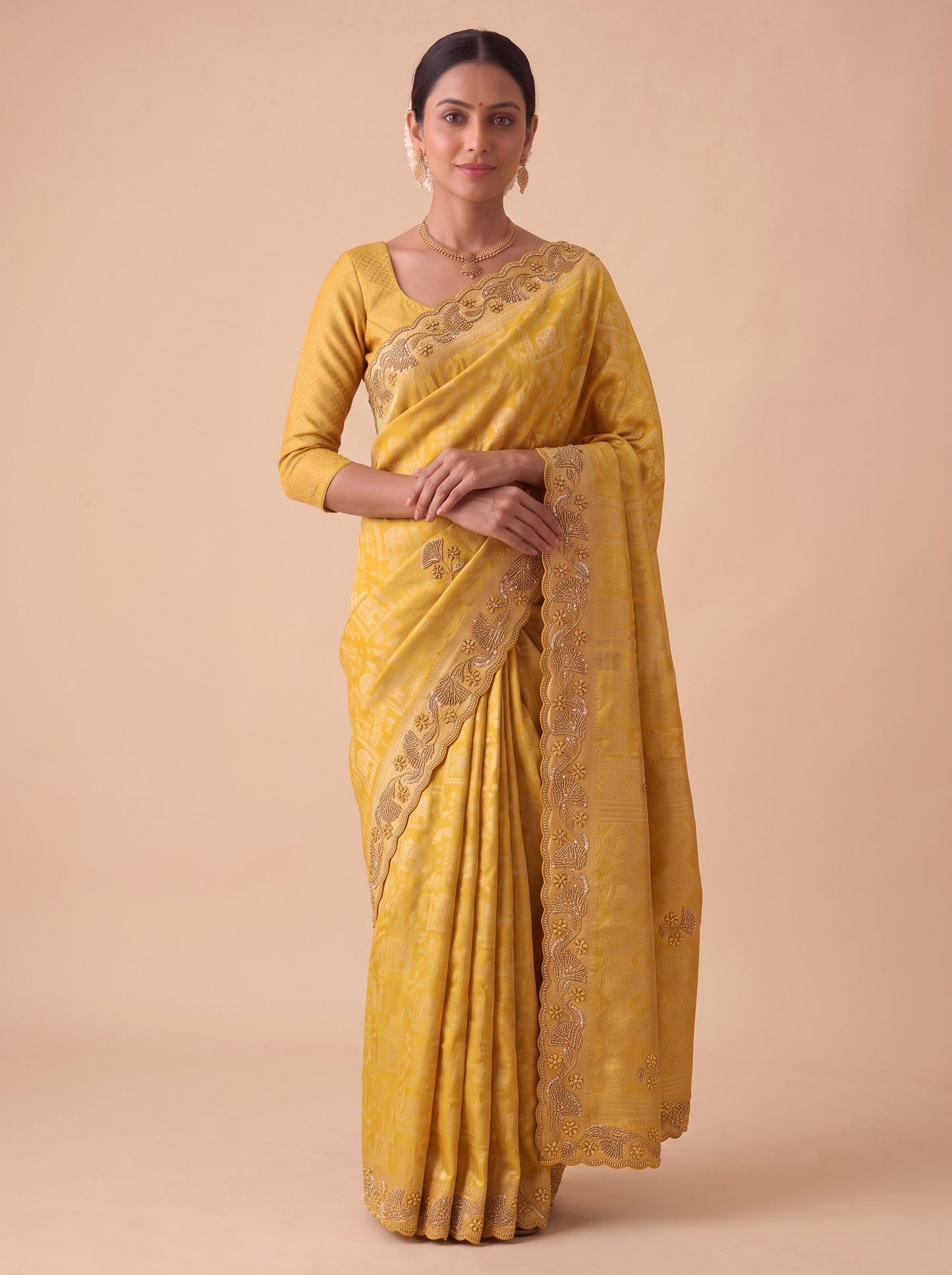 Yellow Banarasi Silk Saree with Woven Hand Work - Detail View
